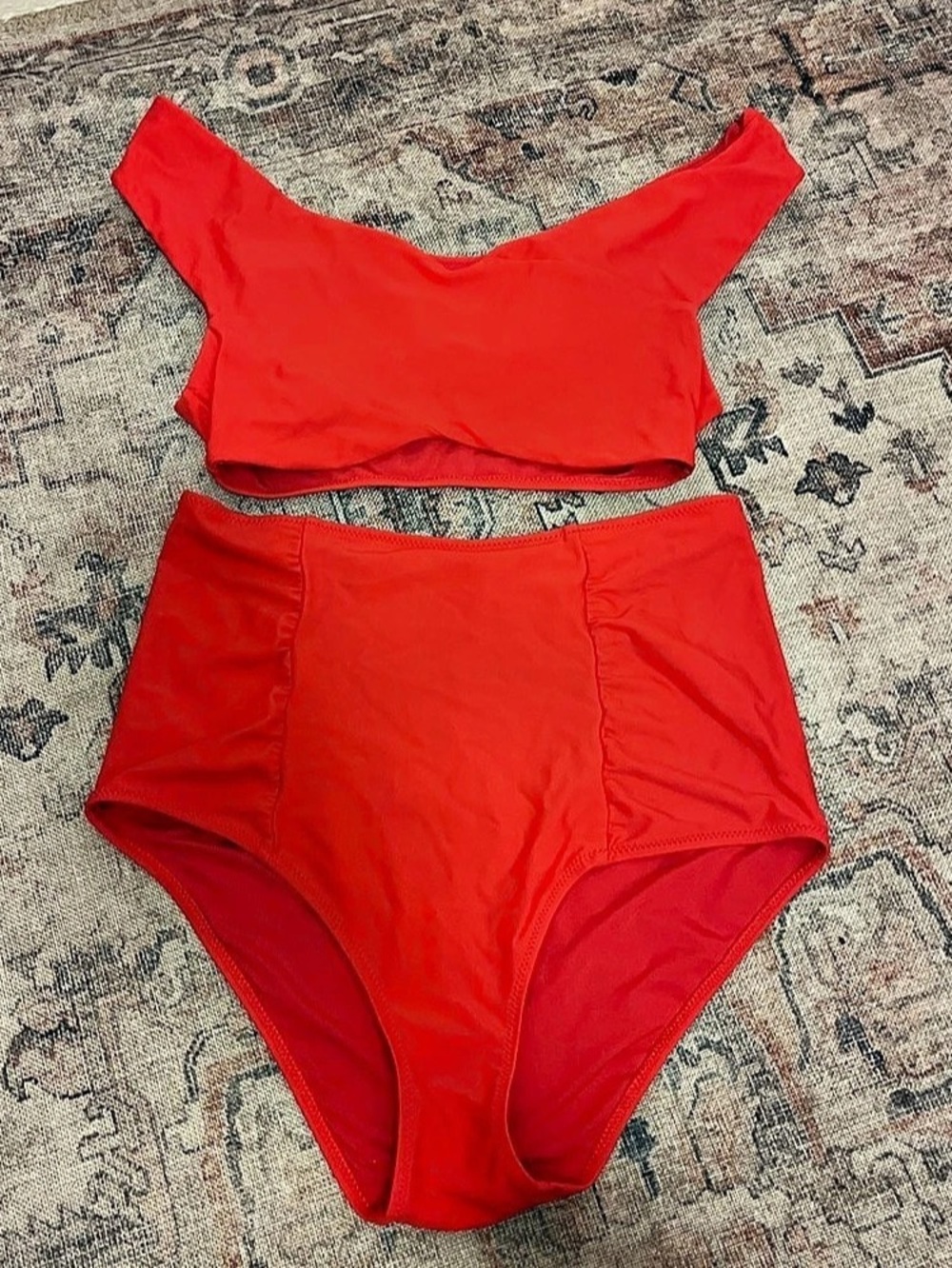 Aerie Off-The-Shoulder Bikini Top and Hi-Rise Bottom Set Red